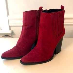 Red faux suede heeled boot